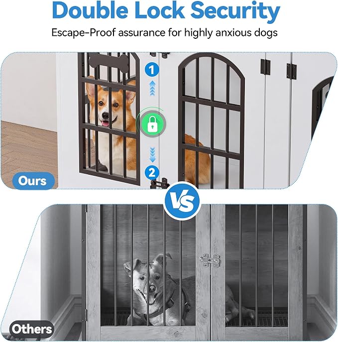 Petrova 63" Dog Crate Furniture for 2 Dogs, Heavy Duty Indoor Dog Kennel for Medium/Large Dogs, Wooden Dog Cage with Removable Divider, 6 Lockable Wheels, Storage Compartment, White
