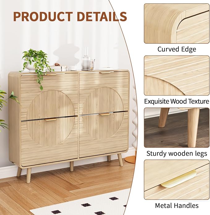 Shoe Storage Cabinet with 4 Flip Drawers for Entryway, 47.4" Freestanding Hidden Shoe Rack Cabinet, Narrow Shoe Organizer for Hallway, Foyer, Oak