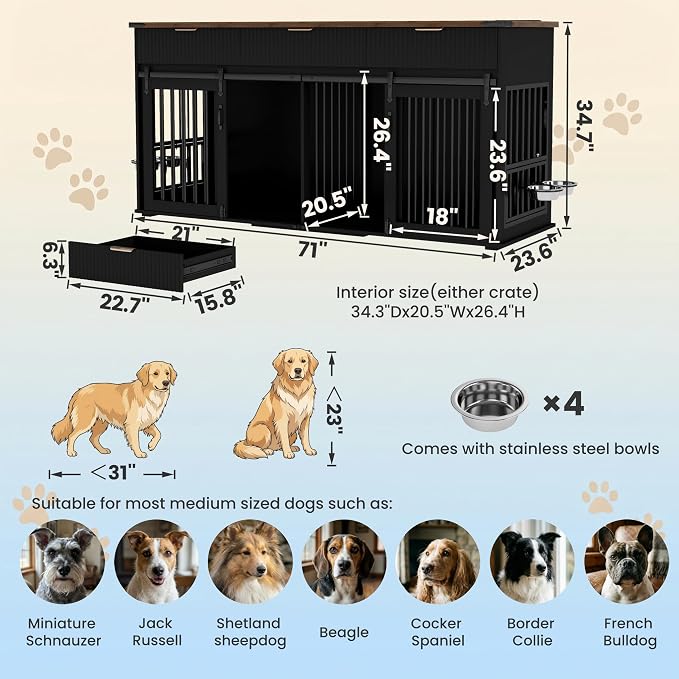 71" Large Dog Crate TV Stand with 3 Fluted Drawers, Furniture Style Wooden Double Dog Crate Furniture with Power Outlet and Rotating Feeders, Dogs Cage for Small Medium Large Dogs, Black