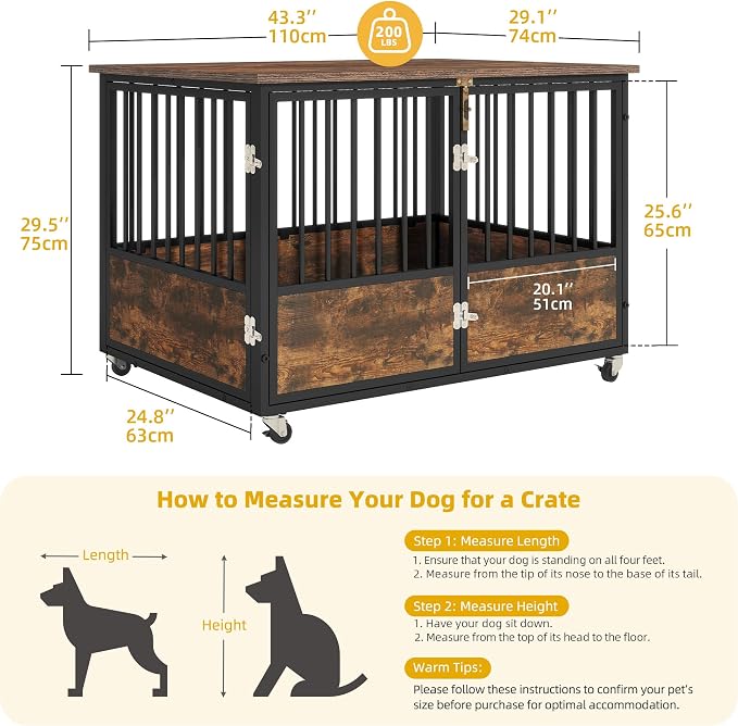 DWVO 43 Inch Dog Crate Furniture with Wheels & Double-Doors | Dog Kennel Indoor Furniture End Table, Farmhouse Decorative Wooden Dog Cage Table, Chew-Resistant, Rustic Brown
