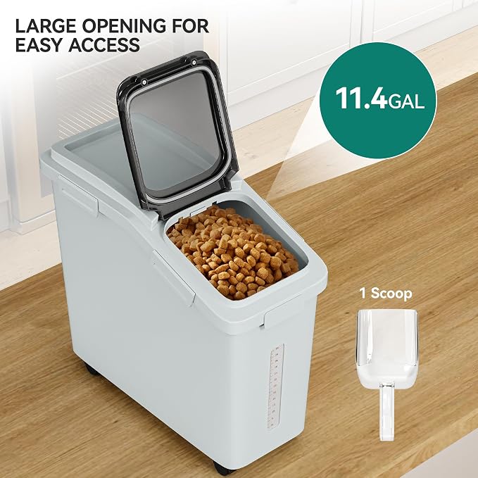 YITAHOME Large Flour Storage Container, 11.4-Gallon Commercial Rice Storage Bin 280 Cups with Wheels Shelf-storage Bin with Scoop and Lid, Rice Bin for Kitchen, Gray