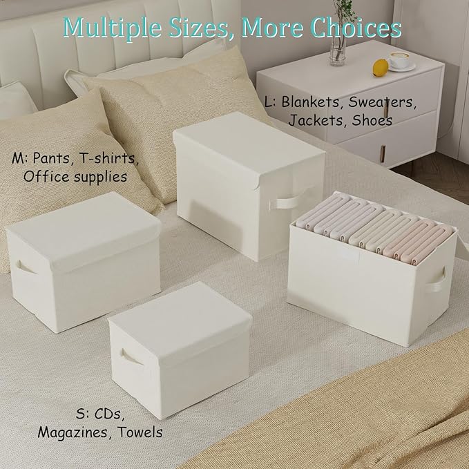 Storage Bin with Lid, Closet Boxes, 4 Pack, Beige, 10.2x7.9x6.7 In | Fabric Clothing Basket with Cover, Collapsible Stackable Organizer Cubes with 2 Handles, for Closets and Bathroom Vanities