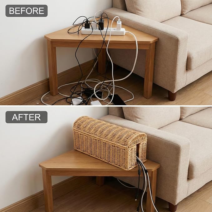 Rattan Cable Management Box, Ventilated Cord Hider with Flip Lid