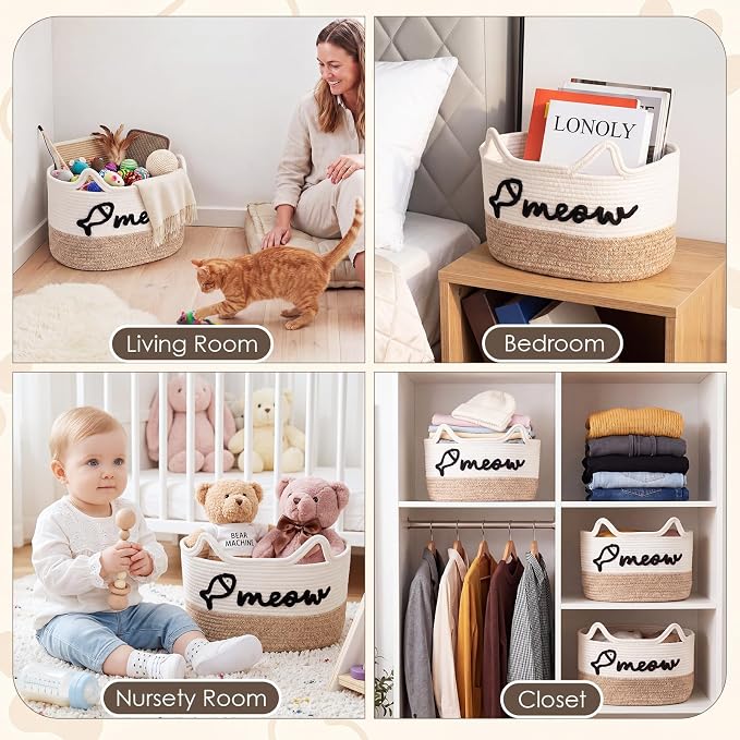 Cat Toy Basket with Cat Ear Handles, 15 x 11 x 9 in Woven Cats Toy Bin, Large Two-tone Cotton Rope Storage Box, Meow Words Organizer for Toys, Blankets, Home Decor (White, Linen)