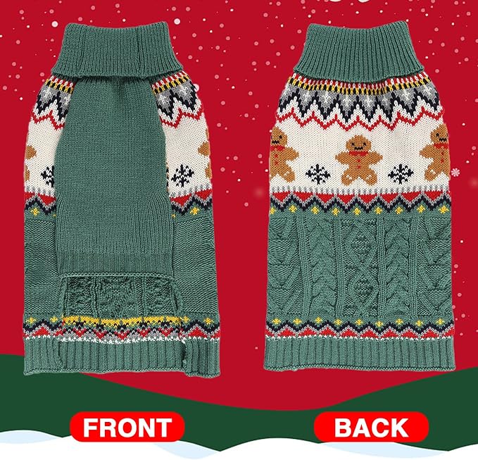 Dog Christmas Sweater Puppy Soft Holiday Xmas Clothes Pet Gingerbread Man Outfit for Small Medium Dogs and Cats Winter Warm Knitwear (Green, Large)