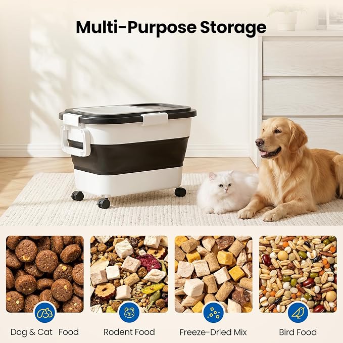 Dog Food Storage Container 15-25lbs, Airtight Pet Food Bin with Locking Lid & Clear Window, Collapsible Rolling Storage Container with Wheels & Scoop, Black