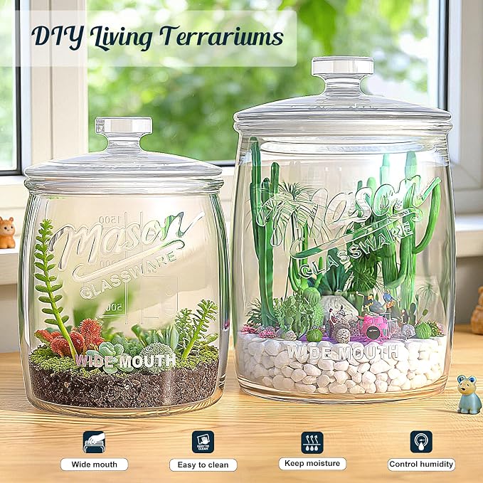 Cookie Jar with Airtight Lids, Half Gallon Wide Mouth Mason Jar | 2 Pack 64 Oz Glass Jar for Cookies, Candy, Flour, Dog Treats, Coffee, Laundry Room Storage & Pantry, Sourdough Starter Jar