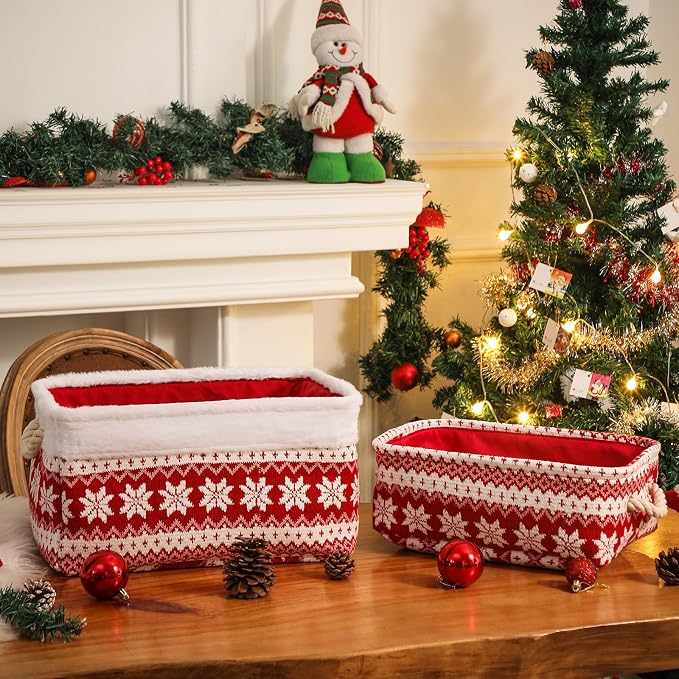 Red Christmas Gift Basket, Collapsible Empty Holiday Storage Bin with Handles, Fabric Storage Organizer for Kids, Baby Items, Presents and Festive Home Decorations