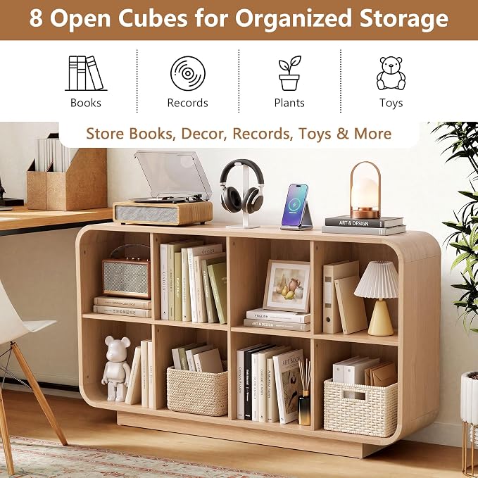 Cube Storage Organizer with Base, 8 Cube 2-Tier Bookcase, Wooden Floor Standing Storage Shelf with Rounded Corners, Anti-Tip Kit, Low Lattice Organizer for Home Office Living Room, Natural