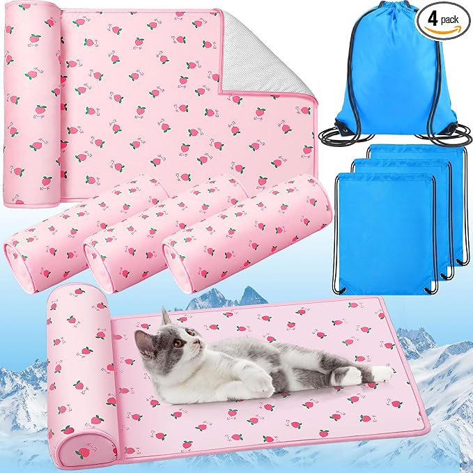 DoubleFill 4 Pack Cooling Pet Mats 23.6" x 31.5" Cooling Dog Beds with Supportive Pillow Self Ice Washable Cool Pads Summer Cat Sleeping Pad with Storage Bag for Summer Crate Floor (Large, Pink)