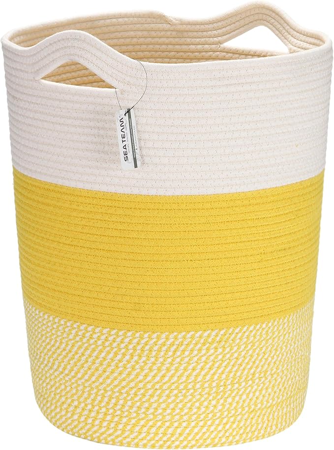 Sea Team Large Woven Cotton Rope Laundry Basket with Handles, 20 x 14 in | Collapsible Knitted Hamper, Closet Shelf Organizers, Containers for Clothing, Blankets, Toys, Bedding, Mottled Yellow