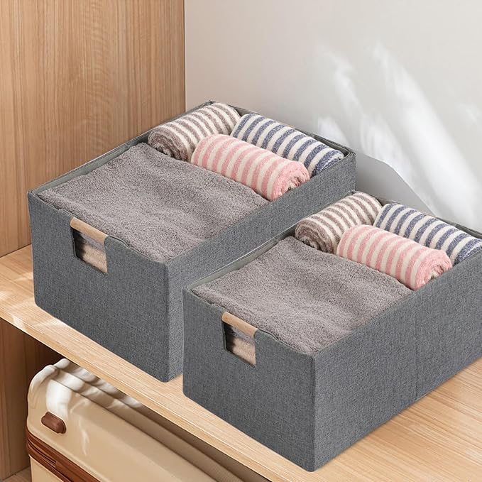 Fabric Storage Box, 15x11in Foldable Cotton Linen Basket with Wooden Handle | Medium Rectangular Cube Decorative Home Laundry Organizer Clothes Blanket Container Organizing Clothes Sheets Jeans, Gray