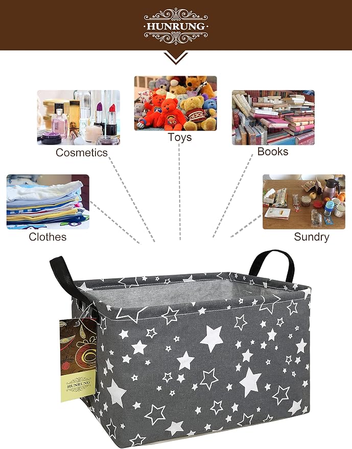 Rectangle Foldable Storage Basket Handles For Home, Grey star | Waterproof reinforced handles, perfect for shelf use, organizes clothes, daily items and pet supplies
