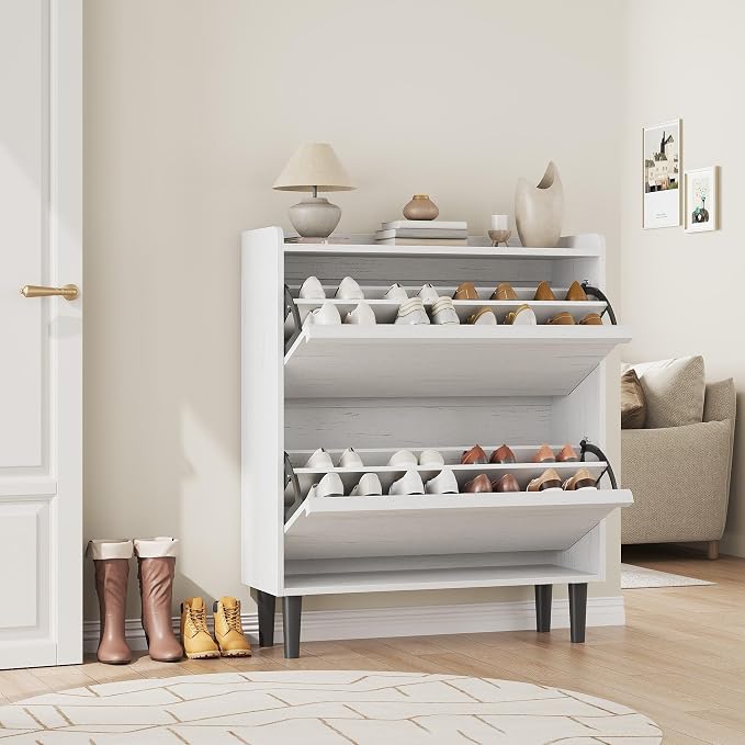 GarveeHome Shoe Cabinet with 2 Flip Drawers, Wooden Shoe Organizer with Adjustable Shelf, Shoe Storage for Entryway, Hidden Shoe Cabinet for Hallway, Living Room, White