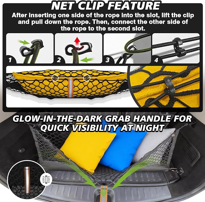 Muslogy Cargo Net for Toyota RAV4 2019-2024 2025 Accessories | Custom Fit, Trunk Storage Organizer Net for SUV Sedan Van Divider, with Heavy Duty Carabiners, Night Visible Grab Handle