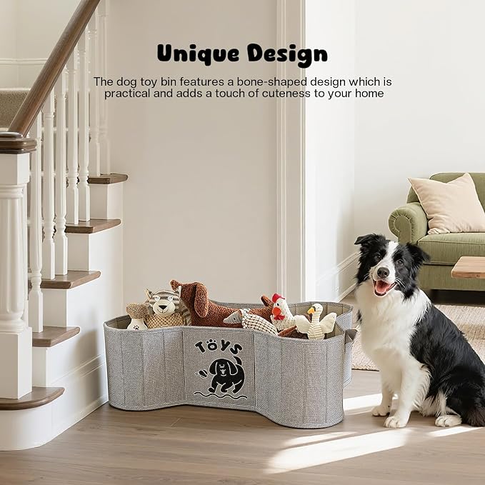 39L Dog Toy Basket, Collapsible Dog Bone Baskets for Toys, Dogs Storage Organizer with PU Handles, Pet Toys Basket with Bone Shape Design, Toy Baskets for Dogs, Gray, 22" x 14.4" x 7.5"