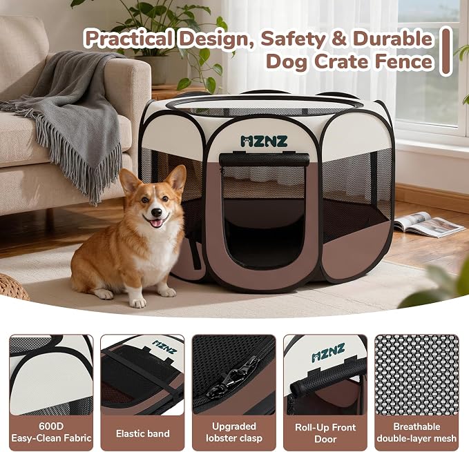 Dog Cat Small Animal Puppy Playpen Crate, Medium, Brown | Portable Pop Up Pet Cage Enclosure Tent Kennel Indoor Outdoor with Carrying Case, No Assembly, Camping Use