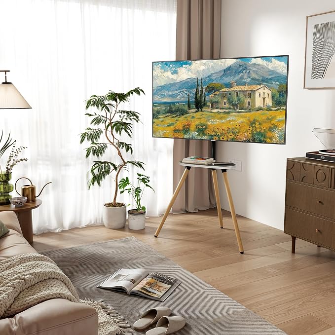 Tripod TV Stand for 43-65" TVs, Swivel, White | Height-adjustable easel TV stand, wood media shelf, cable management and VESA up to 400x400
