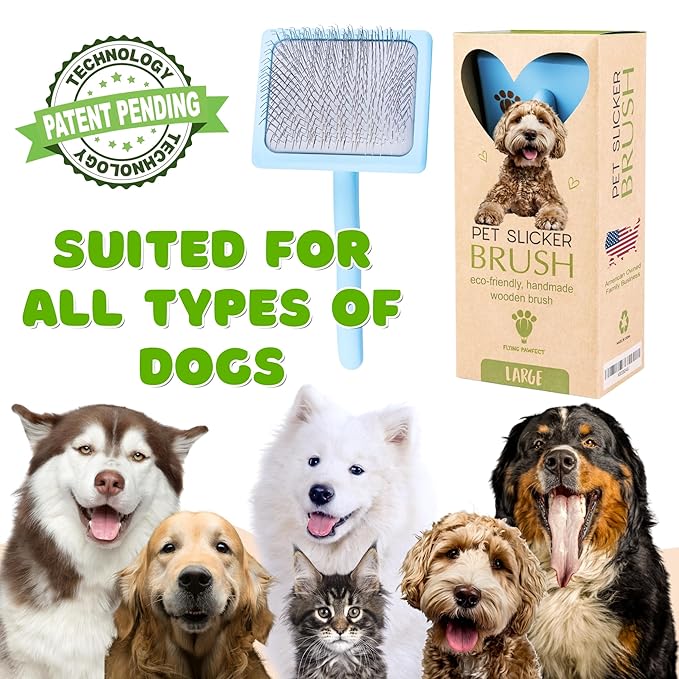 Flying Pawfect Dog Slicker Brush for Grooming Pet Hair - Best For Poodle & Golden Doodle - Long Haired Brush For Dogs - Goldendoodle Long Pins Tool For Dematting- Ideal Gift for Pet Groomers