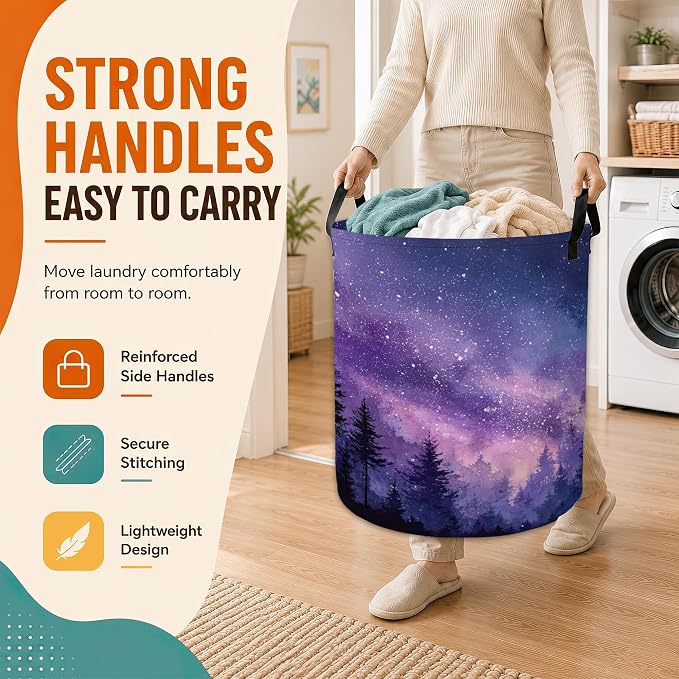 Galaxy Laundry Basket,Purple Forest Foldable Oxford Laundry Hamper with Handles,Collapsible Clothes Storage Bucket Tote Bag for Laundry Room,Bathroom,Bedroom,Dorm