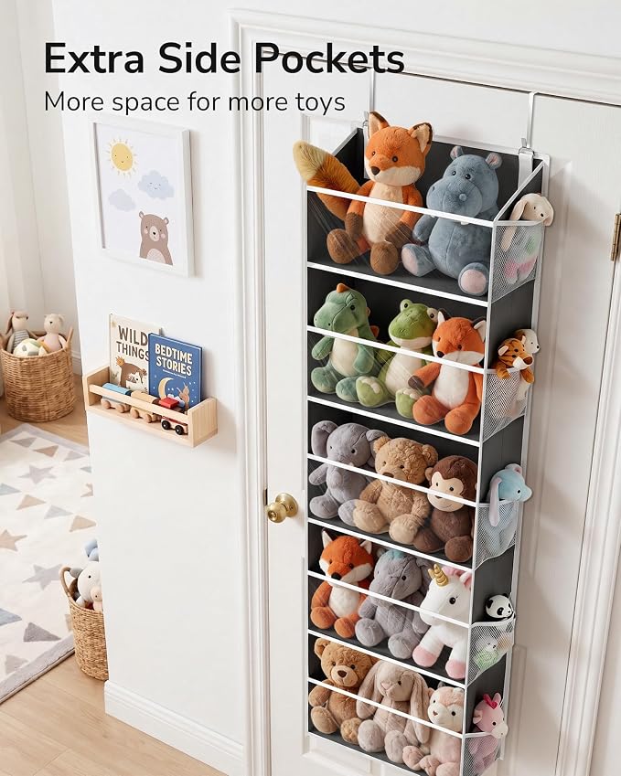 ULG Stuffed Animal Organizer Over the Door, Large Hanging Plush Toy Storage with Mesh Window, Cotton Kids Toy Organizer for Bedroom, Nursery, Playroom & Baby Items Dark Grey
