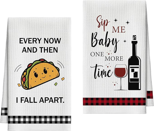Kitchen Towels Set of 2, Tacos and Wine Dish Towel for Kitchen, Decorative Hand Towels for Bathroom, Fast Drying Tea Towel with Funny Sayings, Housewarming Xmas Gifts for Women Mom -B17