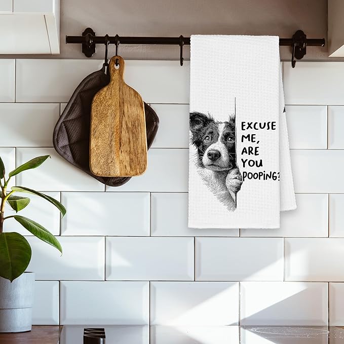 Funny Dog Border Collie Bathroom Towels, Cute Rustic Hand Kitchen Towels Gifts for Dog Lovers, are You Pooping Bar Dish Towel Decor for Dorm Bar Cafe 16x24in