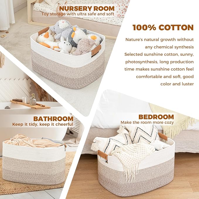 danpinera 108L Large Blanket Basket for Living Room, Woven Storage Basket with Leather Handles, Cotton Rope Storage Organization in Nursery for Toys & Clothes 25 ''* 16 ''*16 '', Gradient Brown