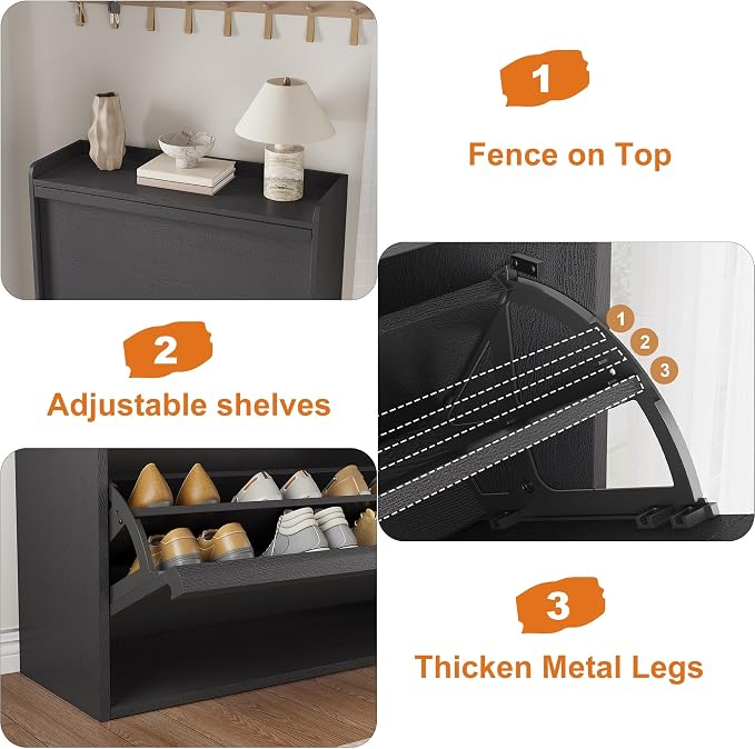 GarveeHome Shoe Cabinet with 3 Flip Drawers, Wooden Shoe Organizer Cabinet with Adjustable Shelf, Shoe Storage for Entryway, Hidden Shoe Cabinet for Hallway, Living Room, Black