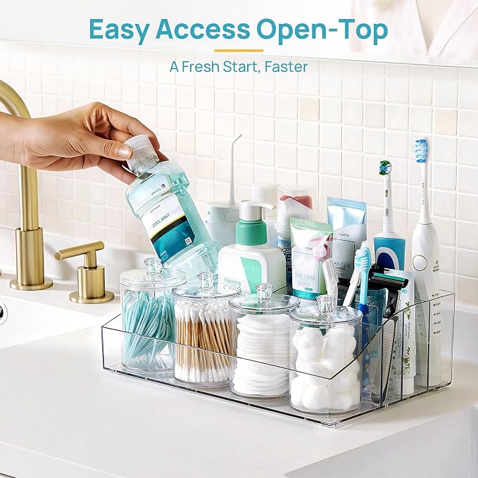 Vtopmart 5 PCS Bathroom Countertop Organizer Sets | 1 Divided Tray, 4 Qtip Holder Jars, Clear, For Toothbrush, Cotton Pads, for bathroom countertop