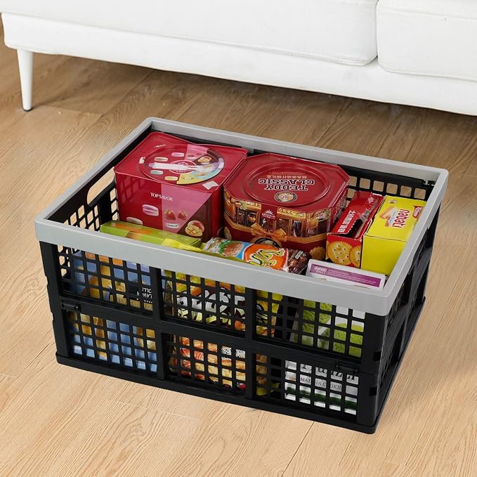 Vababa 42 L Stackable Collapsible Storage Crate, 3-Pack Storage Basket | Plastic Material, Collapsible Design, Stackable for Storage, Large Capacity, Ideal For Grocery, Warehouse, Garage Storage