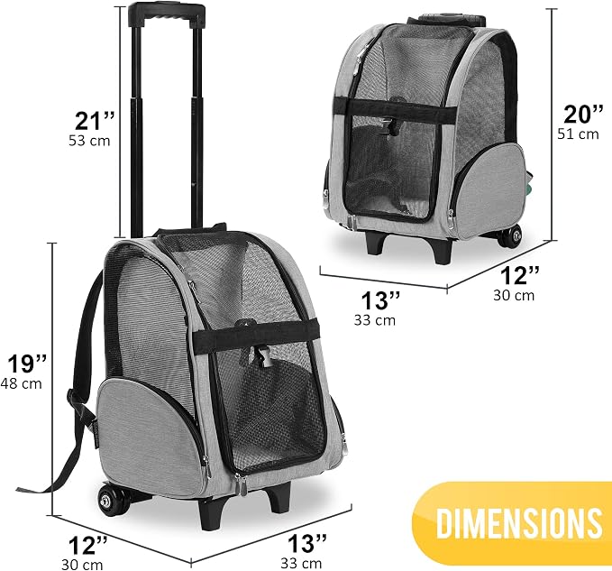 Deluxe Backpack Pet Travel Carrier with Double Wheels for Pets up to 10 Pounds - Black - Approved by Most Airlines