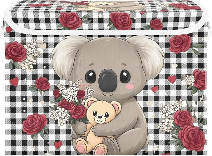 Koala Bear Rose Fabric Storage Bins with Lid Closet Storage Basket 40L | Decorative Storage Boxes, 300D Oxford Cloth, Hollow Board Frame, Flip Top Velcro Lid, 16.5x12.6x11.8 inch, Collapsible Design