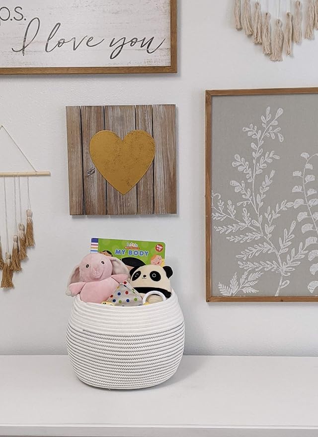 Goodpick Round Woven Rope Storage Basket for Shelves, 10" x 8.3", White | Decotative Small Basket for Toy Storage, Baby Gift Basket with Handles, Fits Living Roon & Nursery Décor, Plant Baskets