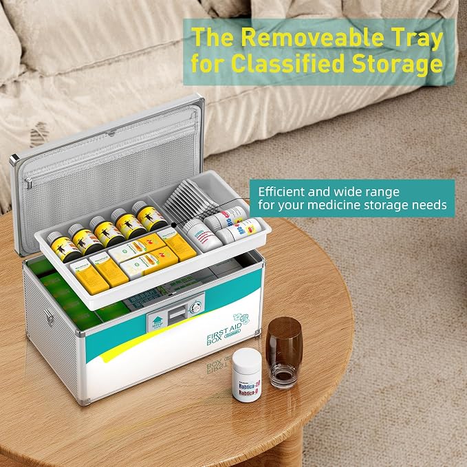 Glosen Medicine Lock Box,locking medicine box, Security Lock Boxes【Large 14x8.5x7.5 Inches with removable storage pocket】 lock box, First Aid Key Safe Box for Medication