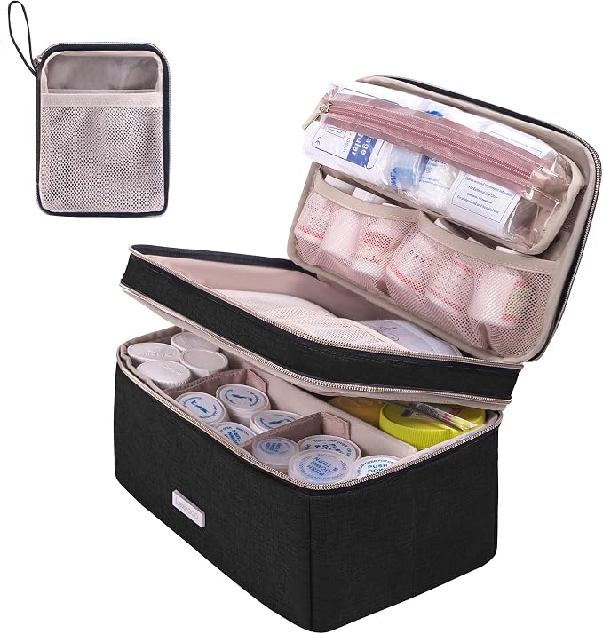 Lexeeco Travel Medicine Pill Bottle Organizer Bag with Portable Small Pouch | Medication Case with Lockable Zipper for Pill,Vitamin,Medicine Storage Box for College Dorm Student,Home,First Aid Bag Empty