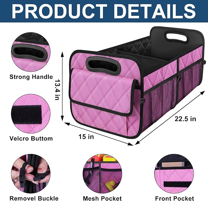 Deosk Car Trunk Organizer for SUV, Car Organizers and Storage with Reinforced Handles, Car Accessories for Women/Men 70L Waterproof Polyester Trunk Organizer(Large, Pink)