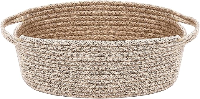 JMvicyroam Small Woven Basket, Empty Gift Basket, Oatmeal/1 Pack | Small Gift Basket, Cotton Rope, 12 x 8 x 12 in, Handles, Includes Ribbon and Bag, Birthday Gift Basket