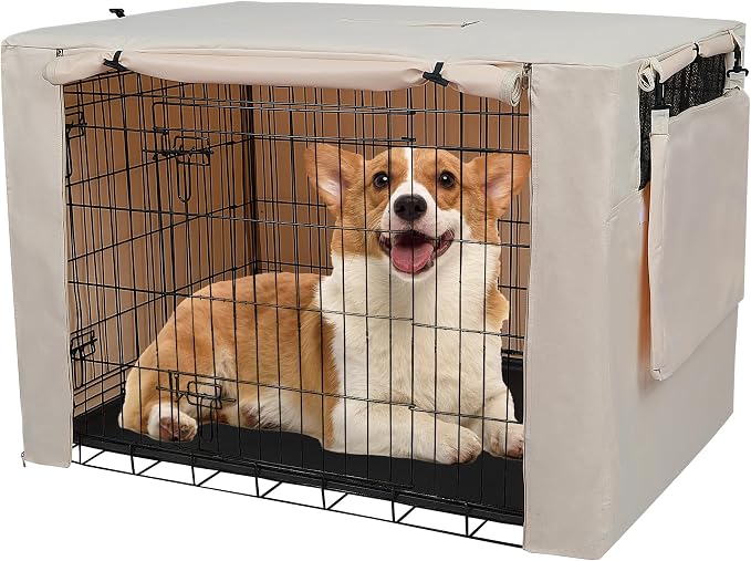 Deblue Dog Crate Cover, 30 Inches Durable Polyester Indoor Kennel Cover | Fit for 1 2 Doors Standard Wire Cage (Beige)
