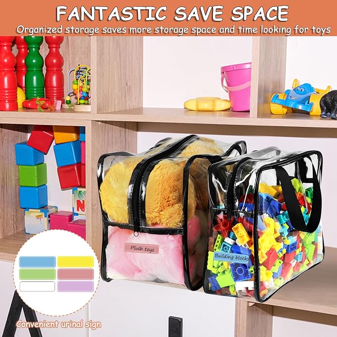 6 Packs Toy Storage Bags with Labels, Reusable Clear PVC Board Game Storage, Travel Waterproof Organizer Bags with Zipper Large Capacity (L, XL, XXL)