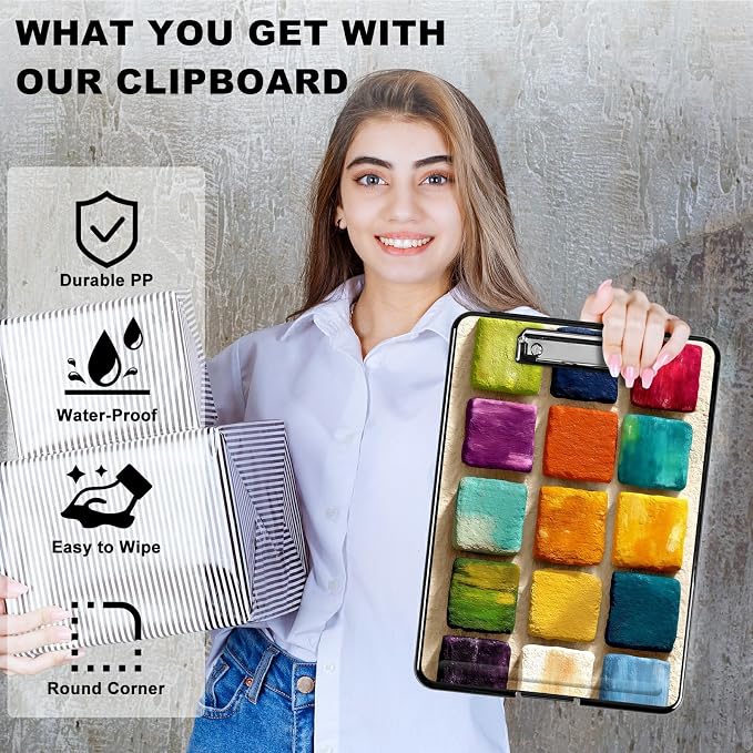 Heavy Duty Storage Clipboard, Slim Nursing Clipboard with Internal Pen Case, Portable File Organizer Case for A4 Letter Size Paper Office Medical Professionals, Watercolor Paint