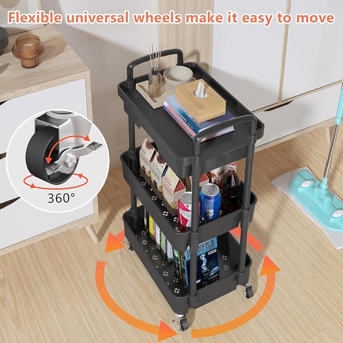 Calmootey 3-Tier Utility Cart with Drawer & Wheels, Storage for Home,Office | Space-Saving Organizer, Sturdy Plastic Shelves, Smooth-Rolling Metal Wheels, Built-in Drawer for Small Items, Black