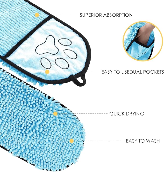 Absorbent Dog Towel, Microfiber Quick Drying Towel, Super Absorbent Machine Washable Pet Towel with Hand Pocket, 9 x 23 inches (Blue)