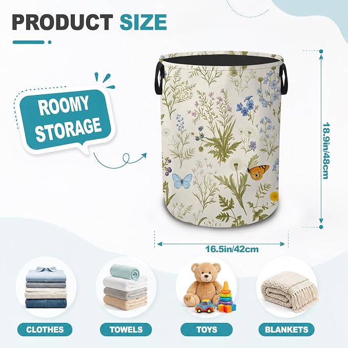 Wildflower Botanical Portable Laundry Hamper,Butterfly Flowers Collapsible Clothes Basket with Handles,Waterproof Oxford Cloth Organizer for Dorm Bedroom Bathroom Nursery,16 x 20 Inch