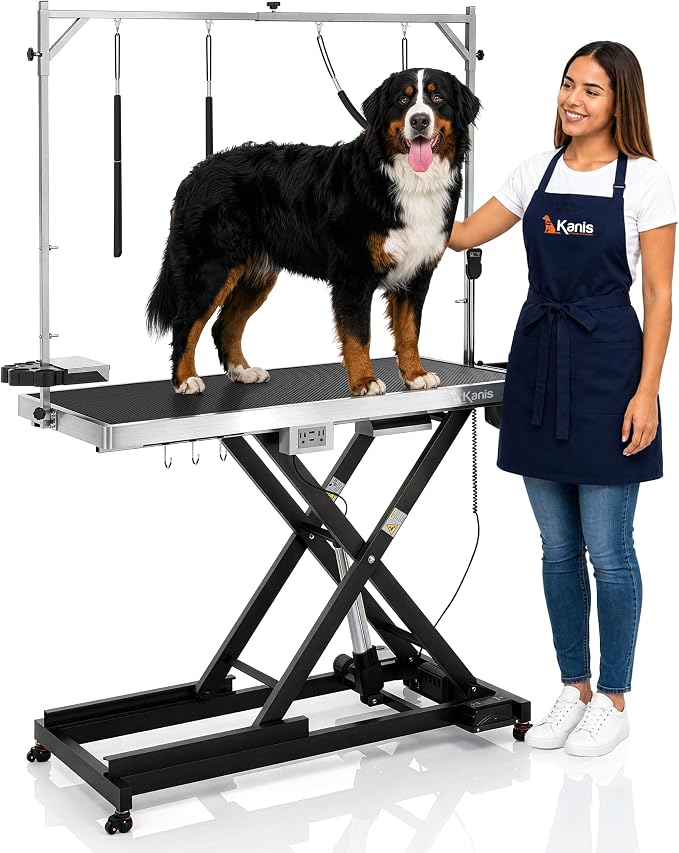 Professional Electric Dog Grooming Table - Heavy Duty | Height Adjustable Pet Grooming Table w/Leveling Wheels, Dog Grooming Arm, Anti-Slip Tabletop & Tool Organizer (Black, 49")