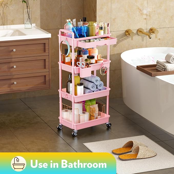 SUNALLY Makeup Cart Organizer with Drawer, 4 Tier Rolling Makeup Cart, Pink | Rolling Vanity Storage for Skin Care Perfume Nail Polish, Floor Skincare Organizers Cosmetics Display Bathroom Storage Cart