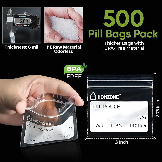 Homezome Pill Pouch Bags 6 mil Pack of 500- BPA Free 3x2.75 inches Reusable Pill Pouches for Medicine with Write on Label Clear Small ziplock Bags for Pills, Jewelry and Travel Pill Organizer