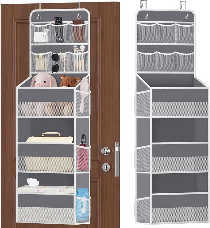 SpaceHacks 5-Tier Over the Door Organizer with Mesh Pockets, Dark Grey | 6 mesh pockets, 3 compartments, adjustable hooks, fits most doors, nursery, closet, bathroom, closet and nursery storage
