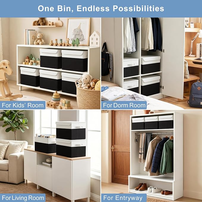 Large 22 Quart Linen Fabric Foldable Storage Bin Cube Organizer Basket with Flip-Top Lid & Handles, Clothes Blanket Box for Home, Office, Closet, Black & White, 4 Pack 14.6 x 9.5 x 9.5