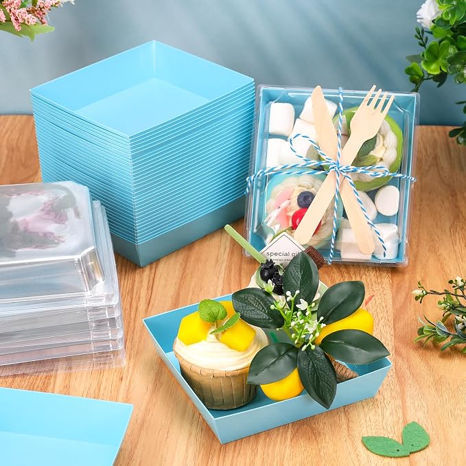 Whaline 50 Set Blue Small Charcuterie Boxes with Lids Forks Knives Summer Clear Mini Dessert Box Disposable Food Containers for Graduation Wedding Gift Giving Beach Party Sandwich Cookie Sushi Cake